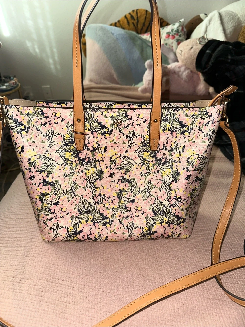 Tory Burch Pink Floral Tote with Tan Leather Trim
